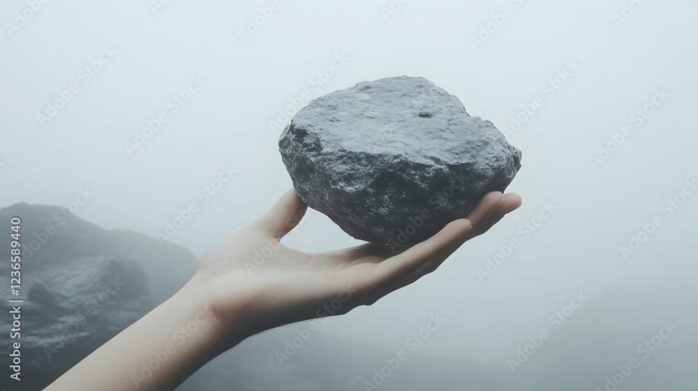Poster a hand holding an invisible object against a white background, emphasizing simplicity and curiosity 