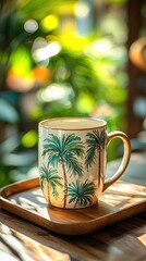 Tropical coffee mug on wooden tray with sunlit greenery background