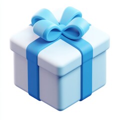 White gift box with blue ribbon bow isolated on white background
