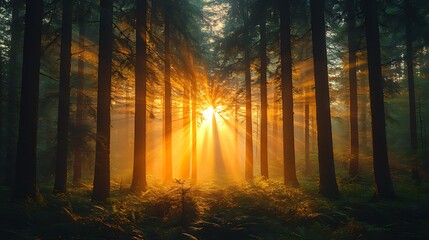 Obraz premium Sun rays breaking through a misty forest at sunrise.