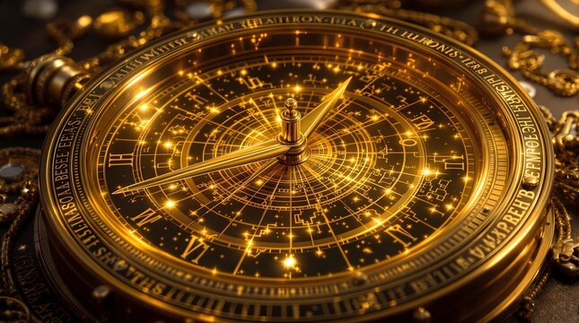 Luxurious golden timepiece with intricate celestial engravings, glowing details, and a cosmic aesthetic.