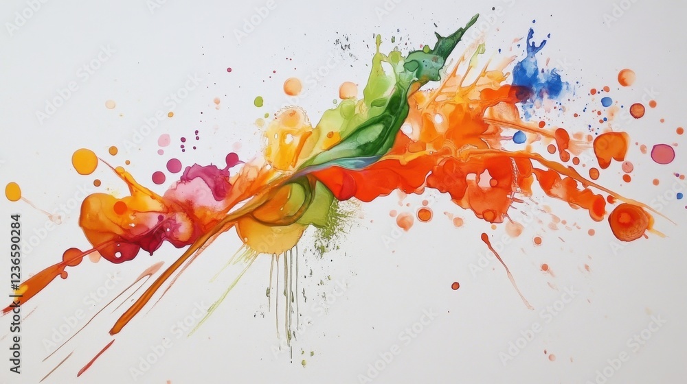 Poster abstract art with colorful paint droplets mixed on a clean paper surface, creating a visually stunni