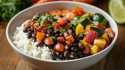 A bowl of seasoned black beans, served as a side dish with rice and grilled vegetables.