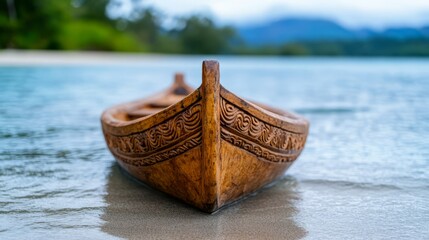 Maori ceremonial canoe gliding on calm river water in traditional Waitangi Day celebration setting
