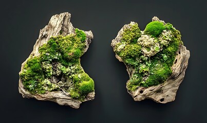 Mossy driftwood pieces on dark background, nature decor, studio shot