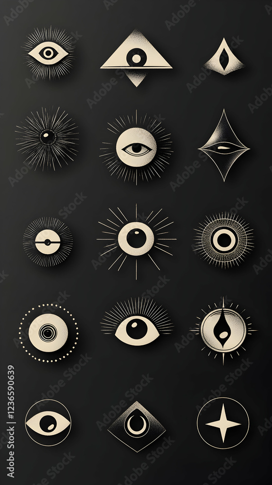 Poster a modern set of icons featuring visible and hidden eye symbols for a range of design uses -