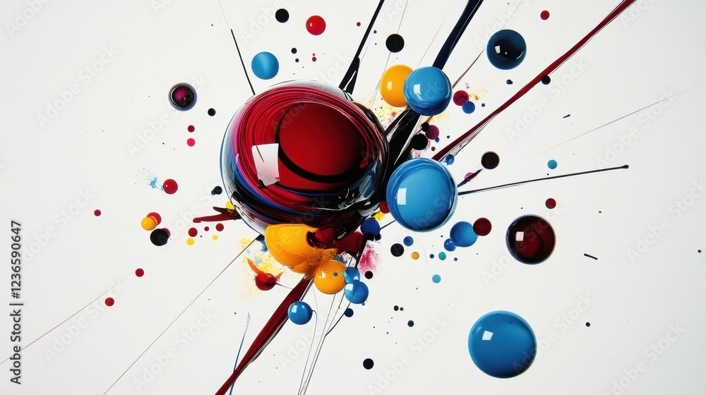 Poster abstract art with colorful paint droplets mixed on a clean paper surface, creating a visually stunni