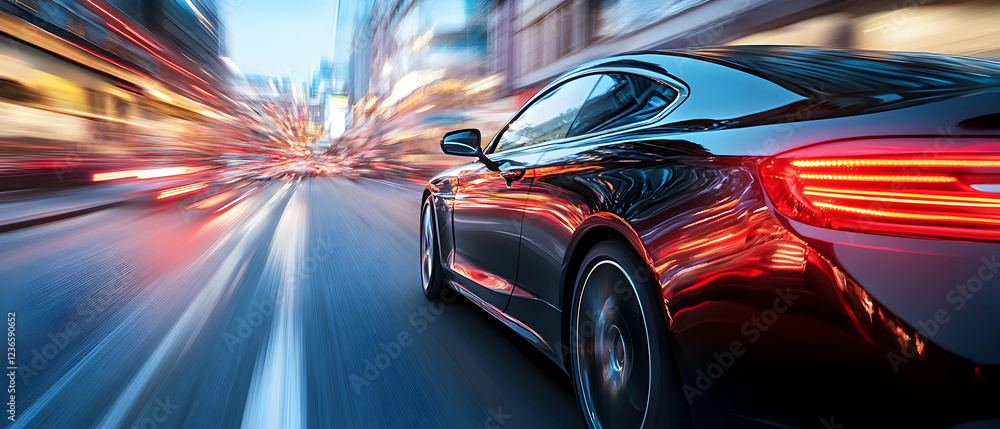 Poster a modern car braking automatically to avoid a collision, illustrating advanced driver-assistance sys