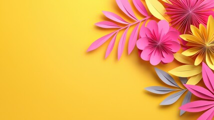 Obraz premium Layered paper-cut floral design with bright pink and yellow tones, creative and modern
