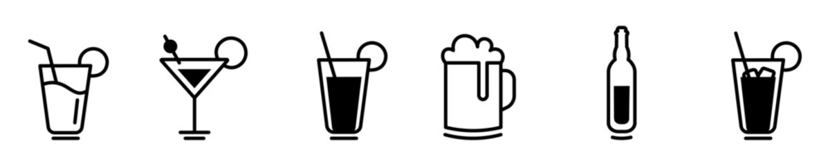 Minimalist Drink & Beverage Icon Set – Cocktail, Beer, and Soft Drinks