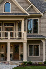 Elegant Home Exterior: Gray Shingles, Classic Design, and Modern Amenities.  A captivating view of a beautiful house with a charming porch and well-maintained landscaping.