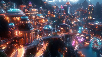 Futuristic city at night, illuminated buildings, glowing streets, and vibrant lights.