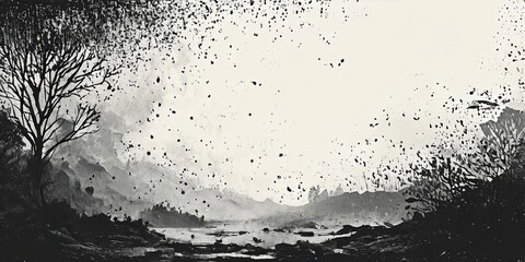 A black and white painting of a forest with a tree in the foreground