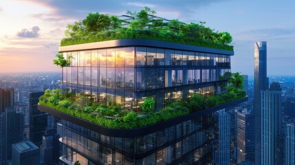 Minimalist office building with green rooftop, sustainable design, large glass panels, eco-friendly urban concept