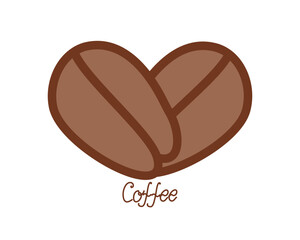 Coffee beans in the shape of a heart. Lettering, sign. International coffee day. Flat illustration on a white isolated background.