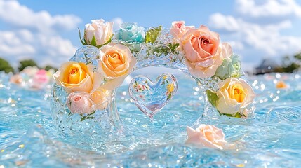 Fototapeta premium Romantic Rose Heart Floral Arrangement in Water Summer Love