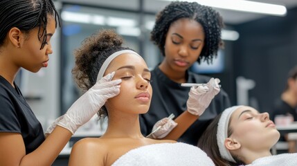 A classroom setting in a cosmetology school, with students learning skin care techniques and practicing on models.