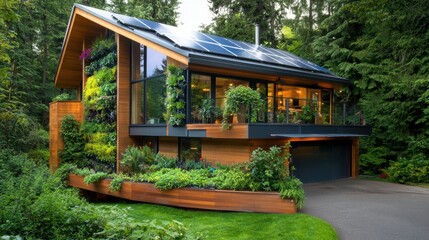 Fototapeta premium Modern eco-friendly home with solar panels, vertical garden walls, surrounded by nature, sustainable architecture focus