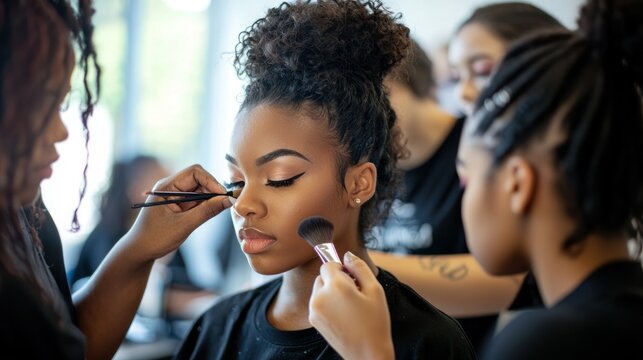 A group of cosmetology students working on makeup applications, under the guidance of their instructor in a beauty school.