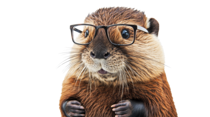 Smart beaver wearing glasses on transparent background