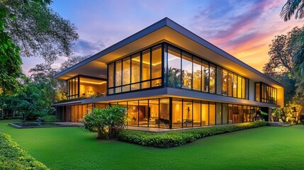 Modern minimalist house with sleek lines, large glass windows, surrounded by a well-maintained garden, clean architecture, warm tones
