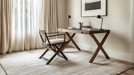 Modern minimalist home office workspace with wooden desk and chair