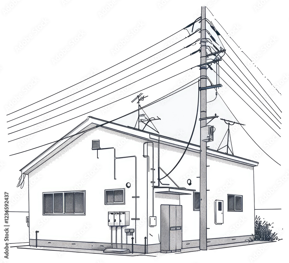 Poster line drawing of a small building with power lines