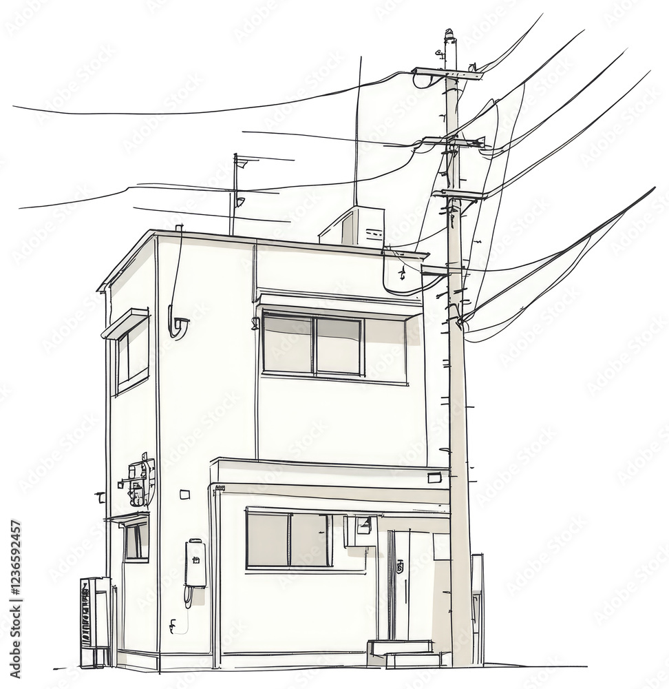 Poster sketch of a small two story building with power lines
