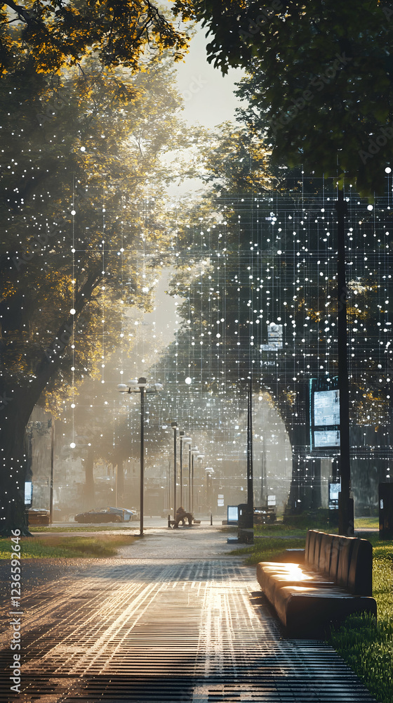 Aufkleber a tranquil park with an overlay of surveillance grids and quantum nodes creating a futuristic atmosp