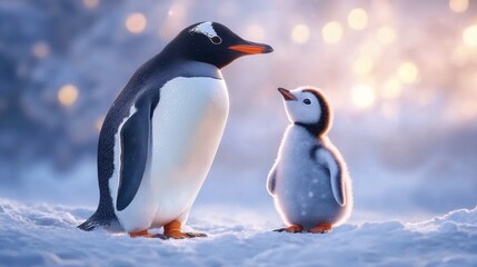 Fototapeta premium Penguin chick looking up at its parent, heartwarming and intimate, snowy setting with subtle lighting