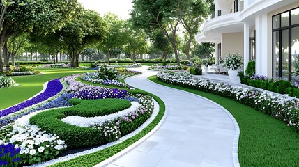 Obraz premium Serene Garden Path Landscaped Pathway Winding Through Lush Floral Gardens Manicured Lawns