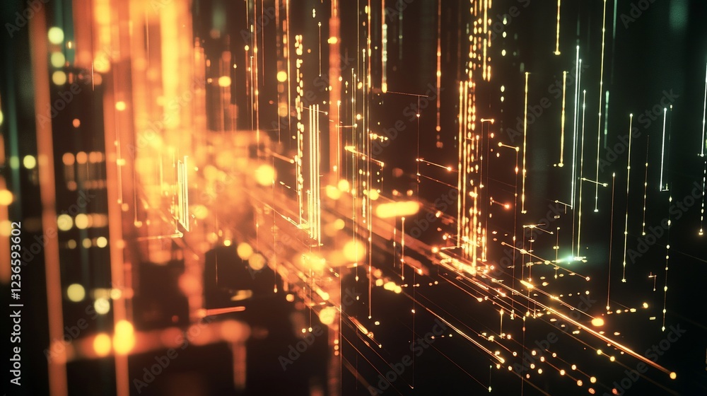Poster abstract digital lines and particles in warm tones with dark background