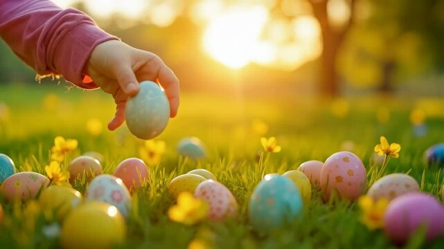 Hand holding colored egg on Easter egg hunt in spring sunny garden. Child play and searching colorful eggs in fresh green grass. Background for greeting card