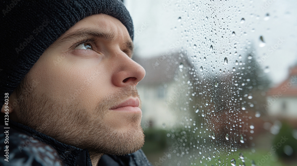 Poster control yourself, a realistic image of a person gazing out of a window, created with high fidelity a