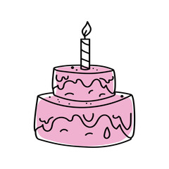 Food, sweet, baked goods, dessert. Birthday. Cake with candle, cute icon, cartoon holiday attribute. Drawing, doodles, sketch.