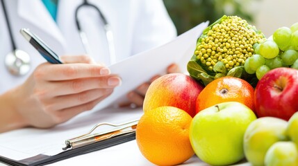 Health professional assessing nutritional choices with fresh fruits medical office food photography bright lighting close-up wellness concept