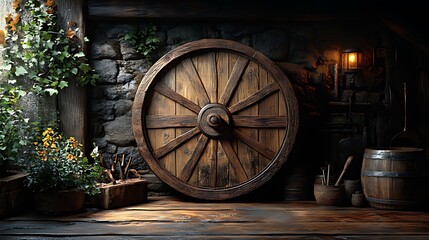 Obraz premium Rustic stone room interior with large wooden wheel, flowers, and antique tools.