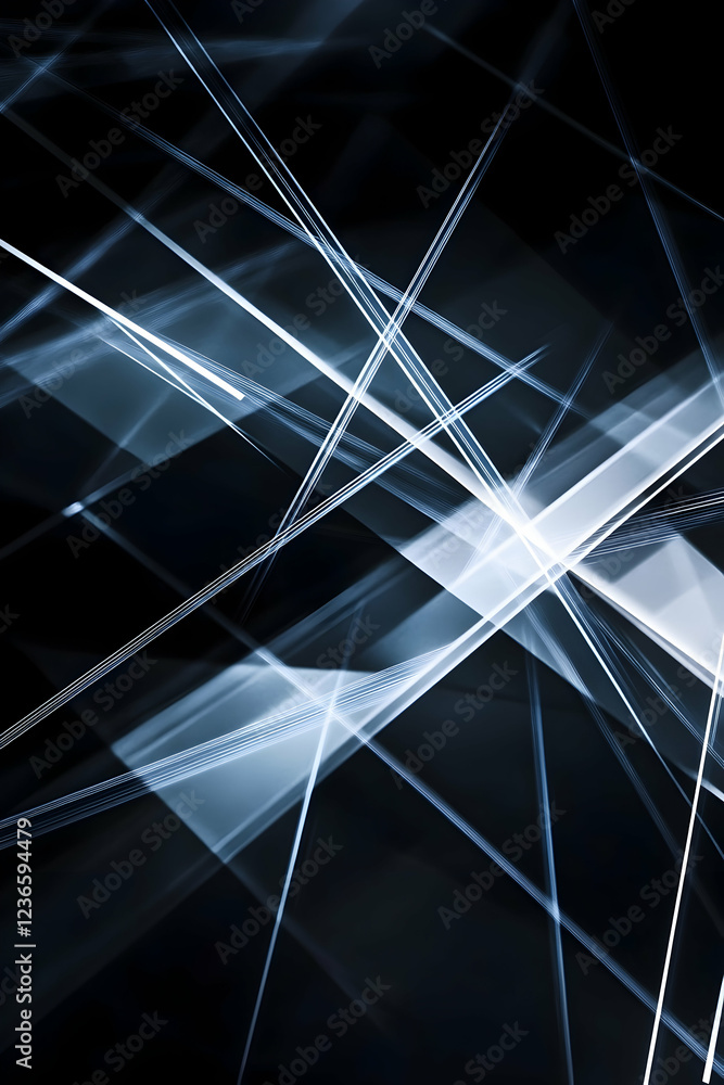 Poster abstract digital background featuring geometric patterns of glowing blue and white lines on a dark b
