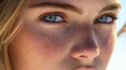 Fototapeta premium Close-up Portrait of a Freckled Girl with Blue Eyes