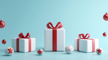 Christmas Presents And Ornaments On A Light Blue Background.