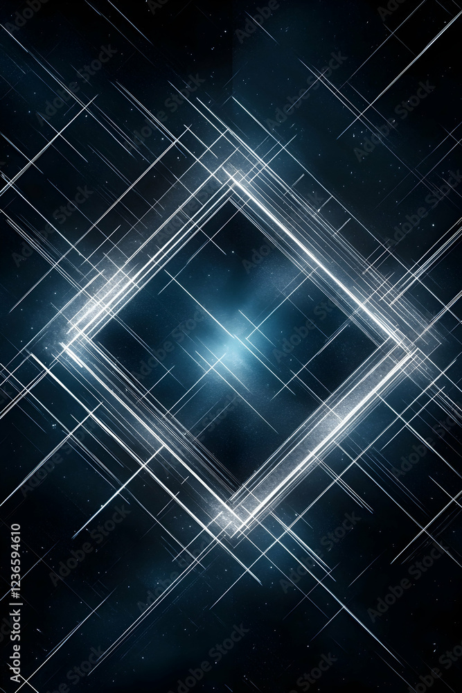 Poster abstract digital background featuring geometric patterns of glowing blue and white lines on a dark b