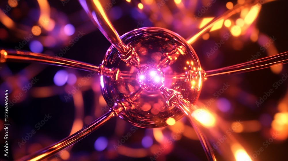Poster abstract glowing sphere with emanating light beams in dark background 3d render