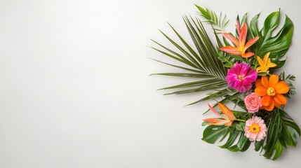 Tropical floral arrangement with palm leaves and vibrant flowers, bold and summery design