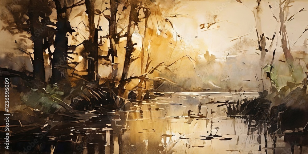 Poster a painting of a river with trees in the background