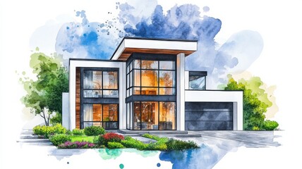 Watercolor illustration of a sleek modern house showcasing minimalist landscaping and large windows on a white background