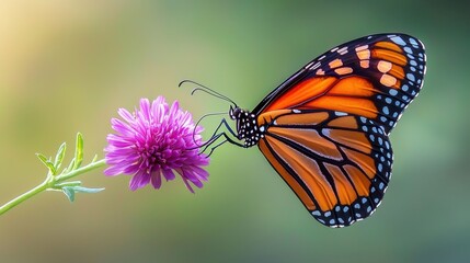 Fototapeta premium Vibrant monarch butterfly perched on a blooming purple flower, intricate wing patterns, soft green background