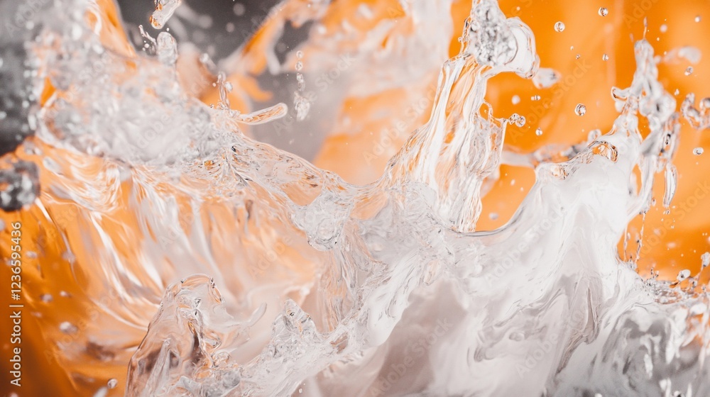 Poster dynamic water splashes against a soft orange background capturing motion and fluidity