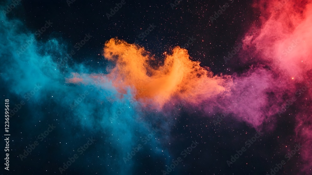 Poster stunning and dynamic abstract image depicting a vibrant colorful cosmic explosion with swirling smok
