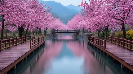Serene canal with cherry blossoms, wooden bridge, and tranquil reflection.
