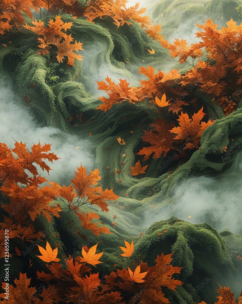 Poster warm russet and olive green with abstract patterns of swirling leaves and fog abstract autumn concep